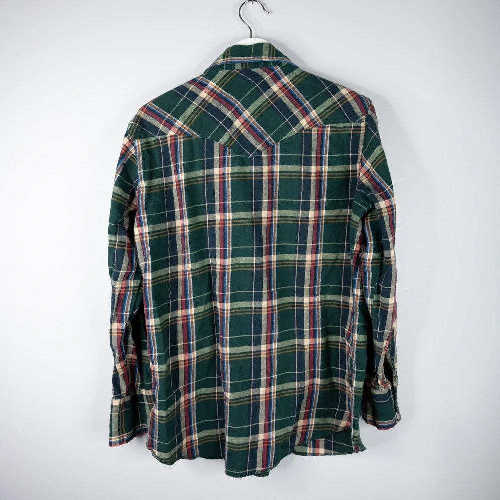 Vintage Wrangler Western Flannel Shirt Mens Medium Green Plaid‎ Pearl Snap Yoke